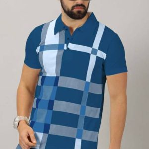 AUSK Men Striped Polo Neck Cotton Blend Dark Blue T-Shirt