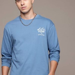 Roadster Women Solid Round Neck Pure Cotton Blue T-Shirt