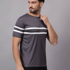 MYO Men Striped Round Neck Cotton Blend Grey T-Shirt