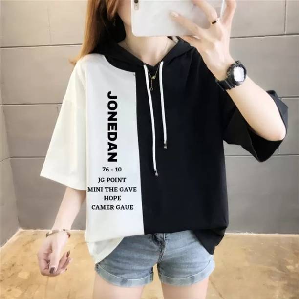 Clothina Women Typography Hooded Neck Cotton Blend Black T-Shirt