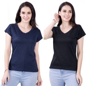 FASHINKS Pack of 2 Women Solid V Neck Cotton Blend Black, Navy B...