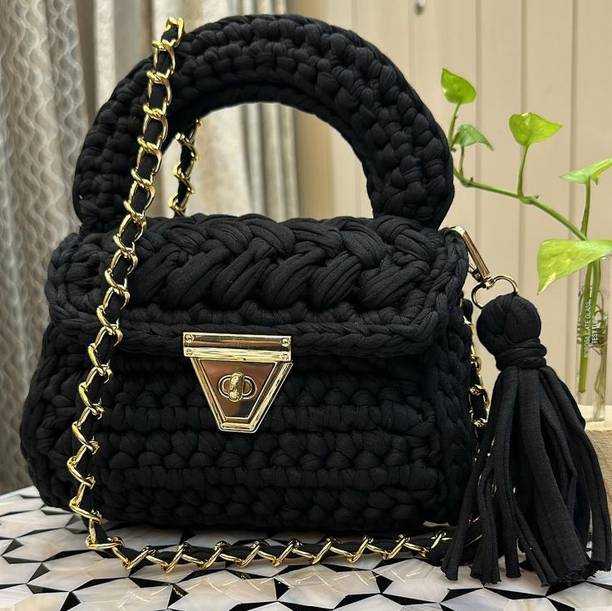 ROYAL TREND Black Women Sling Bag Handmade KNIT Sling BAG
