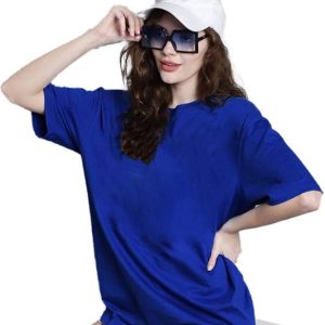 Leotude Women Solid Round Neck Cotton Blend Blue T-Shirt