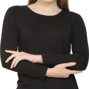 Wrodss Women Solid Round Neck Cotton Blend Black T-Shirt