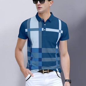 AUSK Men Striped Polo Neck Cotton Blend Dark Blue, Light Blu...