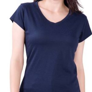 FASHINKS Women Solid V Neck Cotton Blend Navy Blue T-Shirt