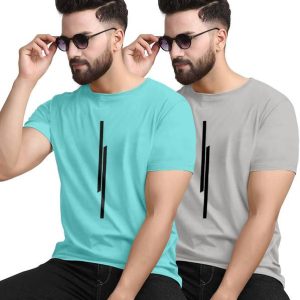 KAJARU Pack of 2 Men Striped Round Neck Polyester Grey, Blue T...