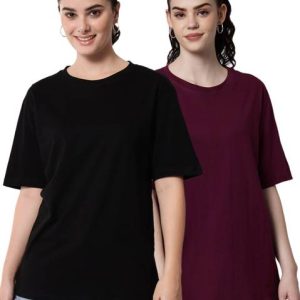 FUNDAY FASHION Pack of 2 Women Solid Round Neck Cotton Blend Purple, B...