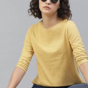Roadster Women Solid Round Neck Pure Cotton Yellow T-Shirt