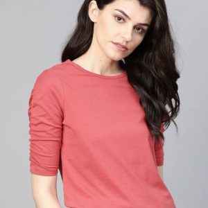 Roadster Women Solid Round Neck Pure Cotton Orange T-Shirt