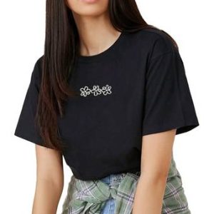 Montequinto Women Embroidered Round Neck Cotton Blend Black T-Shirt