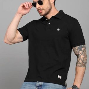 Alan Jones Men Solid Polo Neck Cotton Blend Black T-Shirt