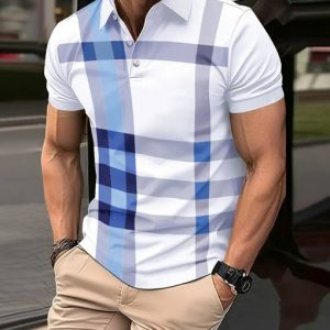 EyeBogler Men Striped Polo Neck Cotton Blend White, Blue T-Shirt