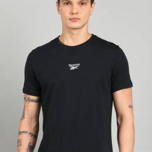 REEBOK Men Solid Round Neck Cotton Blend Black T-Shirt