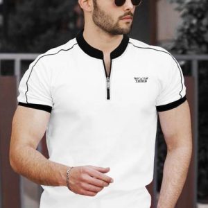 TRIPR Men Solid Mandarin Collar Cotton Blend White, Black T-S...