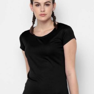 DSWS Women Solid Round Neck Polyester Black T-Shirt