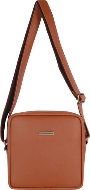 Pramadda Pure Luxury Tan Men Sling Bag Elite Square Leather Crossbody Side C...