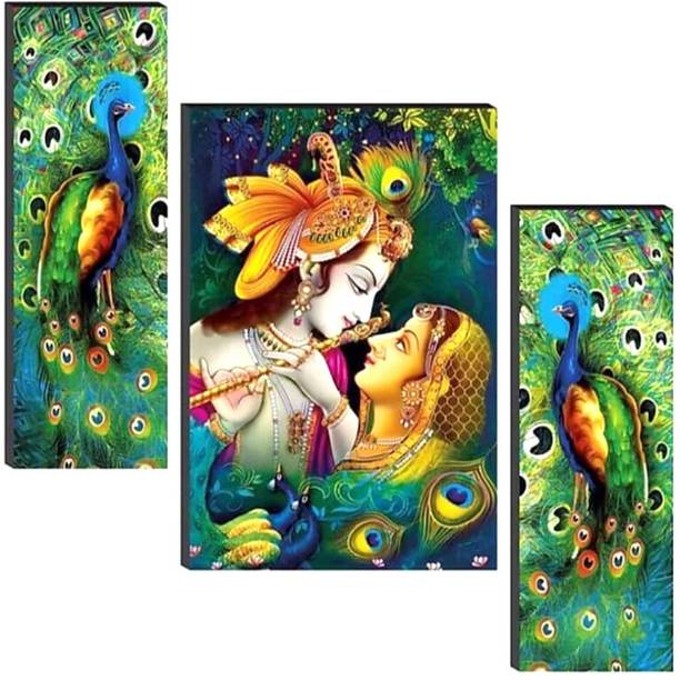 WALLSTOXX Set Of 3 Radha Krishna with Peacock 12X18 Inc...