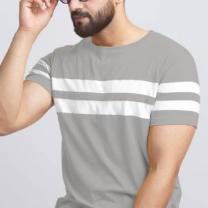 AUSK Men Striped Round Neck Cotton Blend Grey, White T-Shirt