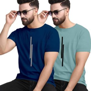 KAJARU Pack of 2 Men Solid Round Neck Polyester Dark Blue, Lig...
