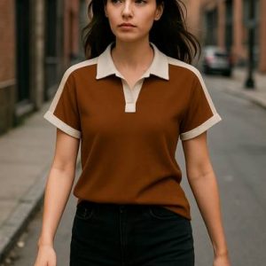 LIME Women Colorblock Polo Neck Cotton Blend Brown T-Shirt