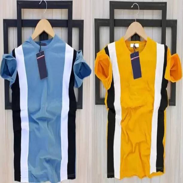 KASPY Pack of 2 Men Striped Round Neck Polyester Blue, Yellow...