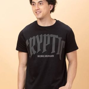 BEING HUMAN Men Printed Crew Neck Cotton Blend Black T-Shirt