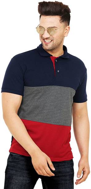 Leotude Men Colorblock Polo Neck Cotton Blend Multicolor T-Shir...
