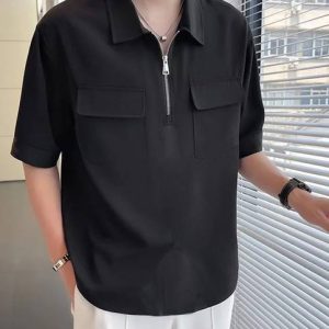 Force Men Solid Zip Neck Cotton Blend Black T-Shirt