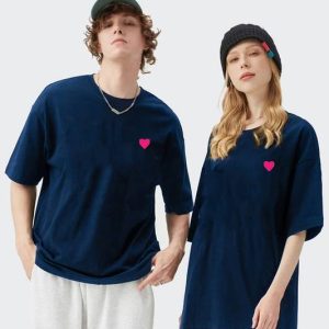 BEING WANTED Couple Solid Round Neck Pure Cotton Dark Blue T-Shirt