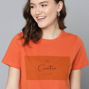Mast & Harbour Women Printed Round Neck Pure Cotton Orange T-Shirt