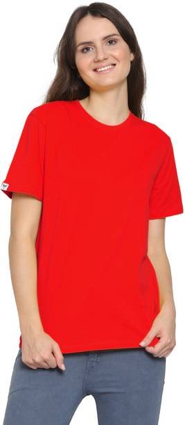 YouthPoi Women Solid Round Neck Pure Cotton Red T-Shirt