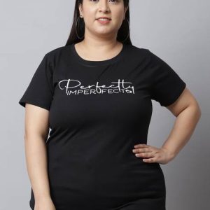 UnaOne Women Typography Round Neck Pure Cotton Black T-Shirt