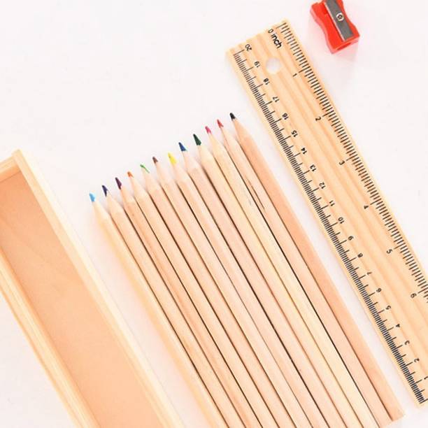 rv traders Wooden Pencil Box Containing 12 Different Cr...