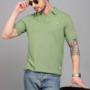 Alan Jones Men Solid Polo Neck Cotton Blend Green T-Shirt