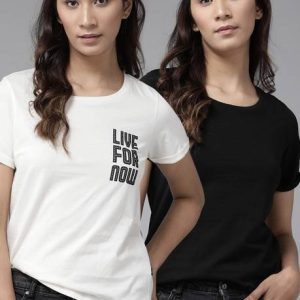 Roadster Pack of 2 Women Typography Round Neck Pure Cotton White...