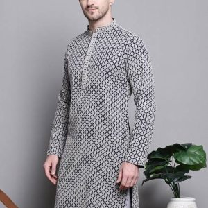 Jompers Men Chikan Embroidery Pure Cotton Straight Kurta