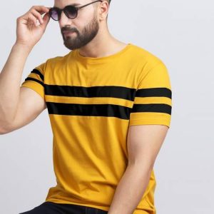 AUSK Men Striped Round Neck Cotton Blend Black, Yellow T-Shi...