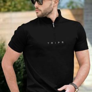 TRIPR Men Solid Mandarin Collar Cotton Blend Black T-Shirt