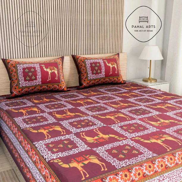 PahalArts 144 TC Cotton Queen Jaipuri Prints Flat Bedsh...