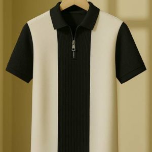 Try This Men Checkered Zip Neck Cotton Blend White, Dark Blue T-...
