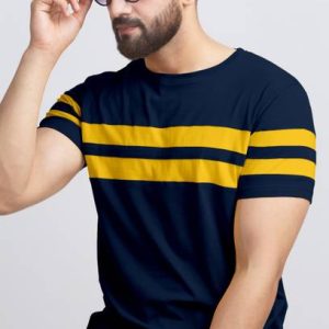 AUSK Men Striped Round Neck Cotton Blend Blue, Yellow T-Shir...