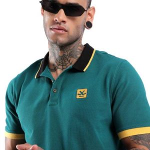 WROGN Men Solid Polo Neck Pure Cotton Blue T-Shirt