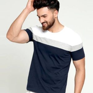 AUSK Men Colorblock Round Neck Cotton Blend White, Blue, Gre...