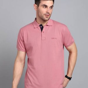 3BROS Men Solid Polo Neck Cotton Blend Pink T-Shirt