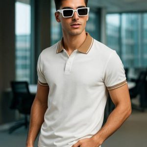 Veirdo Men Solid Polo Neck Pure Cotton White T-Shirt