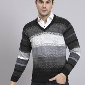 eWools Men Colorblock V Neck Black Sweater