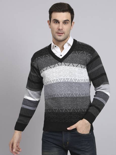 eWools Men Colorblock V Neck Black Sweater
