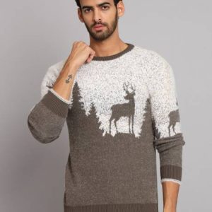 eWools Men Printed Round Neck Brown Sweater
