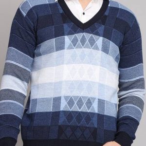 eWools Men Self Design V Neck Light Blue Sweater